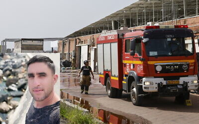 Des pompiers et urgentistes sur les lieux d'une frappe de roquette meurtrière à Kiryat Shmona, le 27 mars 2024. En médaillon : Zaher Bashara, tué dans la frappe. (Crédit : Jalaa MAREY / AFP)