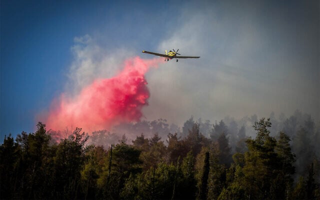 Des pompiers tentant d'éteindre un feu de forêt qui fait rage, à proximité du moshav Mesilat Zion, le 28 septembre 2022. (Crédit : Noam Revkin Fenton/Flash90)