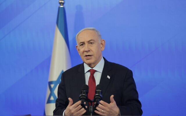 Le Premier ministre Benjamin Netanyahu à Tel Aviv, le 29 février 2024. (Crédit : Nimrod Klikman/POOL) Le Premier ministre Benjamin Netanyahu à Tel Aviv, le 29 février 2024. (Crédit : Nimrod Klikman/POOL)