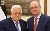 Le dirigeant de l'Autorité palestinienne Mahmoud Abbas avec le Premier ministre désigné Mohammad Mustafa, à Ramallah, le 14 mars 2024. (Crédit : Wafa)