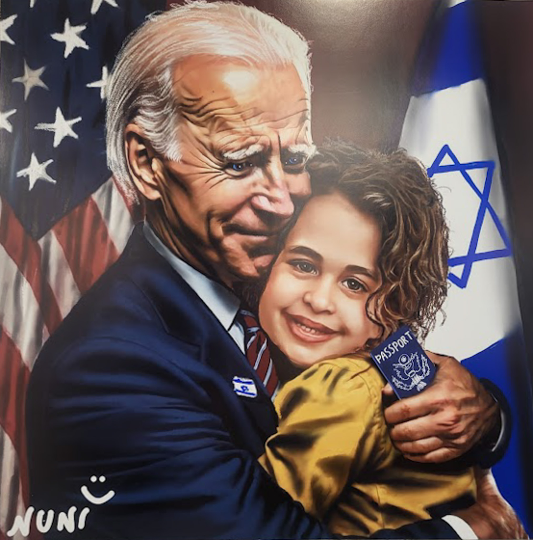 Oeuvre de l'artiste Yehuda Nuni représentant le président américain Joe Biden et la petite Avigail Idan, israélo-américaine qui a été otage du Hamas.