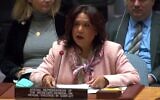Pramila Patten, représentante spéciale de l'ONU sur la question des violences sexuelles dans les conflits, devant le Conseil de sécurité des Nations unies, le 11 mars 2024. (Crédit : Capture d'écran)