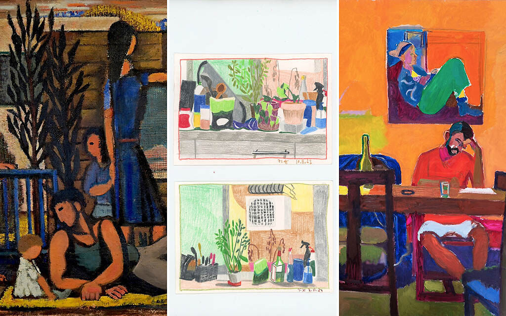 De gauche à droite : La peinture de Yohanan Simon de 1950, 'Children's Hour' ; 'Good Morning Drawing' de l'artiste Hilla Spitzer ; 'Evening at Home' de Natalia Zourabova, actuellement exposée au Musée d'art de Haïfa jusqu'en juin 2024. (Crédit : Yigal Pardo) De gauche à droite : La peinture de Yohanan Simon de 1950, 'Children's Hour' ; 'Good Morning Drawing' de l'artiste Hilla Spitzer ; 'Evening at Home' de Natalia Zourabova, actuellement exposée au Musée d'art de Haïfa jusqu'en juin 2024. (Crédit : Yigal Pardo)