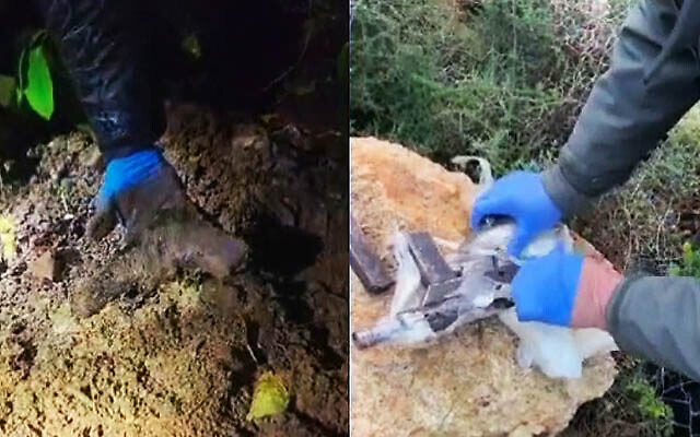 Des armes saisies par la police dans une cellule terroriste arabe israélienne dans la ville septentrionale de Sakhnin, sur une vidéo publiée le 10 mars 2024. (Crédit : Capture d’écran de la police israélienne)