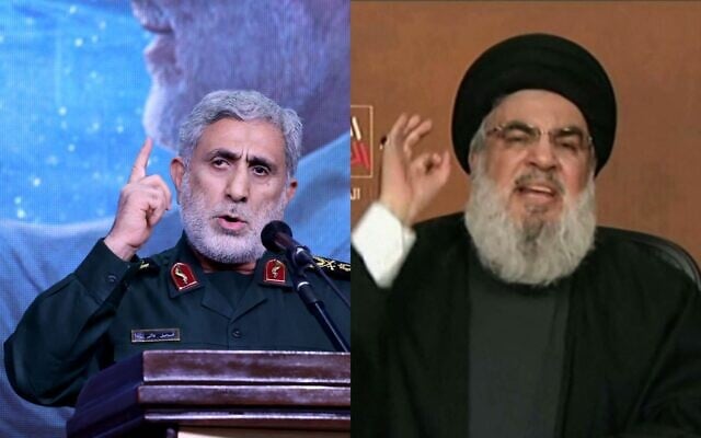 À gauche, le commandant des forces al-Quds au sein du Corps des gardiens de la révolution islamique, Esmail Qaani, pendant une cérémonie marquant l'anniversaire du meurtre du général Qassem Soleimani en 2020, à Téhéran, en Iran, le 3 janvier 2024 ; à droite, le chef du Hezbollah Hassan Nasrallah pendant un discours télévisé, le 16 février 2024. (Crédit : Atta Kenare/AFP ; Al-Manar/AFP) À gauche, le commandant des forces al-Quds au sein du Corps des gardiens de la révolution islamique, Esmail Qaani, pendant une cérémonie marquant l'anniversaire du meurtre du général Qassem Soleimani en 2020, à Téhéran, en Iran, le 3 janvier 2024 ; à droite, le chef du Hezbollah Hassan Nasrallah pendant un discours télévisé, le 16 février 2024. (Crédit : Atta Kenare/AFP ; Al-Manar/AFP)