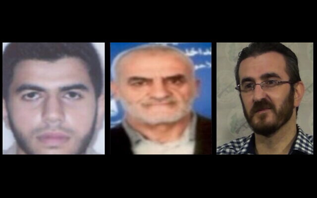 De gauche à droite : les commandants du Hamas Mahmoud Khalil Zakzuk, Zakaria Najib, et Fadi Dweik, tués par les soldats israéliens à l'hôpital Shifa de Gaza City, le 30 mars 2024. (Crédit : Armée israélienne)