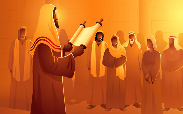 Illustration : Des Hébreux lisant un rouleau de la Torah. (Crédit : iStock photos)