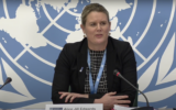 L'experte de l'ONU Dr. Alice Jill Edwards s'exprimant lors d'une conférence de presse, à l'ONU. (Crédit : YouTube ; utilisée conformément à l'article 27a de la loi sur les droits d'auteur)