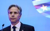 Le secrétaire d'État américain Antony Blinken lors de la réunion du Conseil du commerce et de la technologie entre les États-Unis et l'Union européenne à Louvain, le 5 avril 2024. (Crédit : Johanna Geron/AFP)