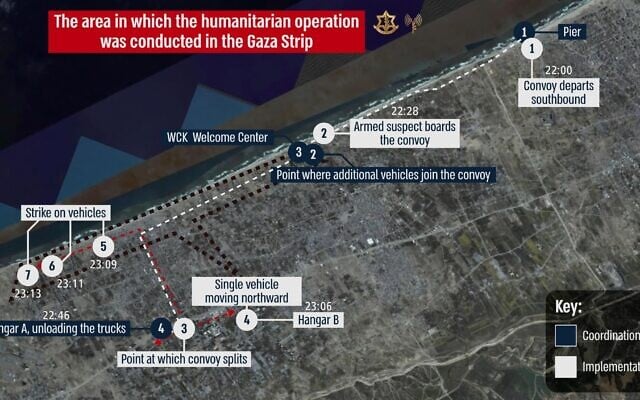 Une infographie publiée le 5 avril 2024 de l'enquête de Tsahal sur une frappe de drone mortelle contre un groupe de travailleurs humanitaires avec l'organisation World Central Kitchen dans le centre de la bande de Gaza le 1er avril 2024. (Crédit : Armée israélienne) Une infographie publiée le 5 avril 2024 de l'enquête de Tsahal sur une frappe de drone mortelle contre un groupe de travailleurs humanitaires avec l'organisation World Central Kitchen dans le centre de la bande de Gaza le 1er avril 2024. (Crédit : Armée israélienne)