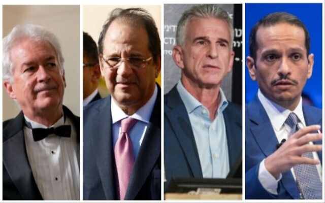 Le chef de la CIA William Burns, le chef du renseignement égyptien Abbas Kamel, le chef de l’agence de renseignement du Mossad David Barnea et le Premier ministre qatari Mohammed ben Abdulrahman al-Thani. (Crédit : Collage/AP/AFP) Le chef de la CIA William Burns, le chef du renseignement égyptien Abbas Kamel, le chef de l’agence de renseignement du Mossad David Barnea et le Premier ministre qatari Mohammed ben Abdulrahman al-Thani. (Crédit : Collage/AP/AFP)