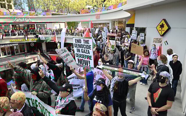 Des manifestants aux abords d'un centre commercial du centre de Los Angeles réclament l'arrêt du financement américain à Israël et un cessez-le-feu permanent dans la guerre contre Hamas lors d'une "Grève pour Gaza en Californie, le 15 avril 2024. (Crédit : Robyn Beck / AFP)