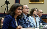 Nemat (Minouche) Shafik, présidente de l'Université Columbia, David Schizer, doyen émérite de la faculté de droit de Columbia, Claire Shipman, co-présidente du conseil d'administration de l'Université Columbia, et David Greenwald, co-président du conseil d'administration de l'Université Columbia, témoignant lors d'une audition de la commission de l'Éducation et du Travail de la Chambre des représentants sur l'antisémitisme dans les campus universitaires, au Capitole, à Washington, le 17 avril 2024. (Crédit : Drew Angerer/AFP)