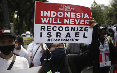 Une femme musulmane brandissant une affiche lors d'un rassemblement contre Israël devant l'ambassade des États-Unis, à Jakarta, en Indonésie, le 21 mai 2021. (Crédit : Dita Alangkara/AP Photo)
