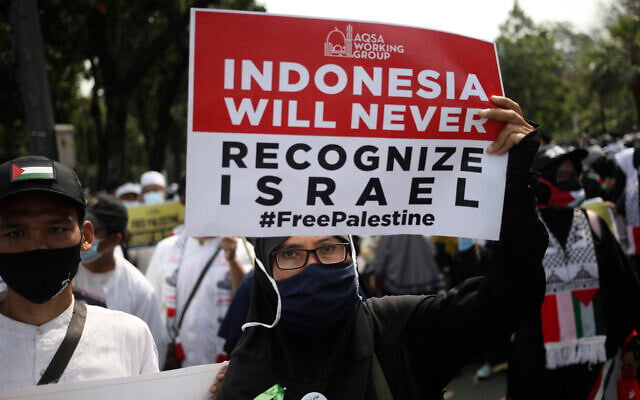 Une femme musulmane brandissant une affiche lors d'un rassemblement contre Israël devant l'ambassade des États-Unis, à Jakarta, en Indonésie, le 21 mai 2021. (Crédit : Dita Alangkara/AP Photo) Une femme musulmane brandissant une affiche lors d'un rassemblement contre Israël devant l'ambassade des États-Unis, à Jakarta, en Indonésie, le 21 mai 2021. (Crédit : Dita Alangkara/AP Photo)