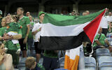 Illustration : Un supporter irlandais arborant un drapeau palestinien dans les tribunes lors du match de football de qualification pour le groupe B de l'Euro 2024 entre Gibraltar et l'Irlande, au stade Argarve, à l'extérieur de Faro, au Portugal, le 16 octobre 2023. (Crédit : Joao Matos/AP)