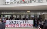 Une banderole "Sionistes hors de nos facs" à la Sorbonne, à Paris, le 4 avril 2024. (Crédit : UEJF/X.com)