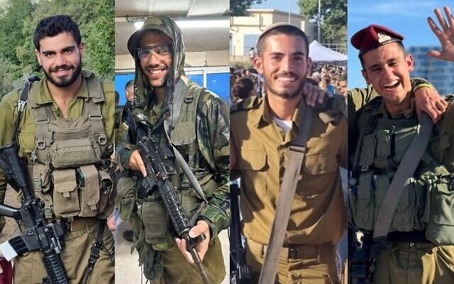 De gauche à droite, le capitaine Ido Baruch, le sergent Amitaï Even Shoshan, le sergent Ilaï Zaïr et le sergent Reef Harush qui ont été tués en se battant contre le Hamas dans le sud de la bande de Gaza, le 6 avril 2024. (Crédit : Armée israélienne) De gauche à droite, le capitaine Ido Baruch, le sergent Amitaï Even Shoshan, le sergent Ilaï Zaïr et le sergent Reef Harush qui ont été tués en se battant contre le Hamas dans le sud de la bande de Gaza, le 6 avril 2024. (Crédit : Armée israélienne)