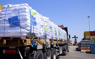 Un camion de farine du Programme alimentaire mondial (PAM) au port d'Ashdod, avant d'entrer dans la bande de Gaza, le 17 avril 2024. (Crédit : Armée israélienne)