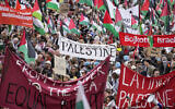 Des personnes portent des bannières et des drapeaux palestiniens lors d'une manifestation anti-Israël contre la participation d'Israël à l'Eurovision avant la deuxième demi-finale du Concours Eurovision de la chanson à Malmö, en Suède, le 9 mai 2024. (Crédit : Martin Meissner/AP)