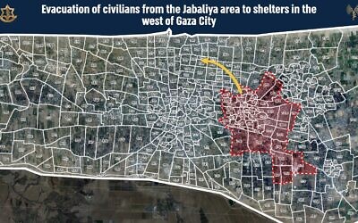 Cette carte émise par l'armée montre les secteurs de Jabaliya qui seront évacués avant une offensive militaire dans la zone, le 11 mai 2024. (Crédit : Armée israélienne)