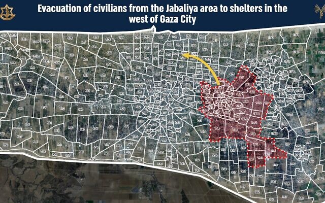 Cette carte émise par l'armée montre les secteurs de Jabaliya qui seront évacués avant une offensive militaire dans la zone, le 11 mai 2024. (Crédit : Armée israélienne)