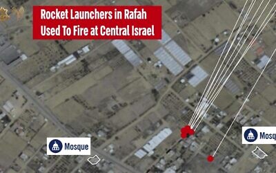L'emplacement d'un lance-roquettes utilisé par le Hamas à Rafah pour tirer sur le centre d'Israël le 26 mai 2024. (Crédit : Armée israélienne)