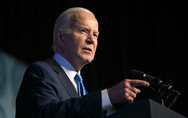 Le président Joe Biden s'exprime pendant le dîner annuel du Fonds de lutte pour la liberté à Detroit, dans le Michigan, le 19 mai 2024. (Crédit : Andrew Caballero-Reynolds/ AFP) Le président Joe Biden s'exprime pendant le dîner annuel du Fonds de lutte pour la liberté à Detroit, dans le Michigan, le 19 mai 2024. (Crédit : Andrew Caballero-Reynolds/ AFP)