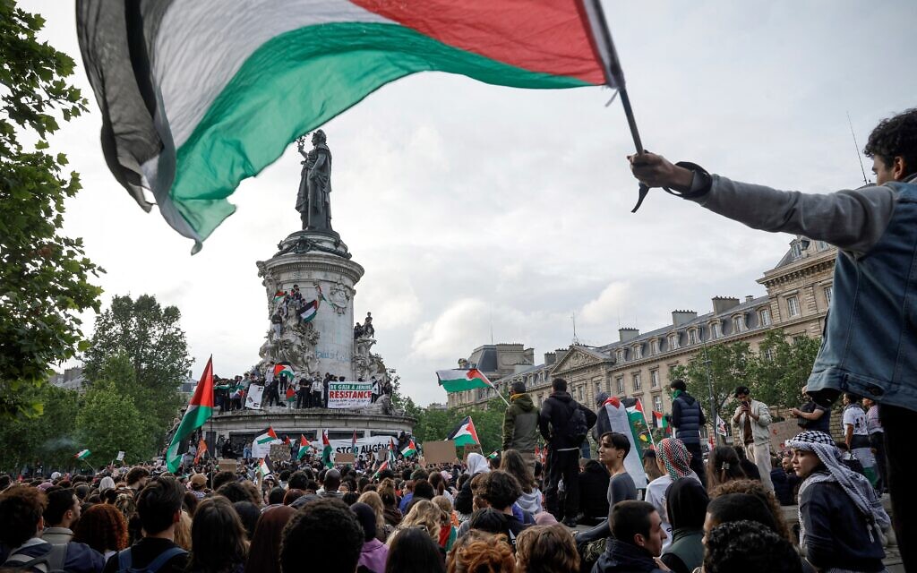 Des manifestants portant des drapeaux palestiniens, sur la Place de la République à Paris le 28 mai 2024. (Crédit : Geoffroy Van Der Hasselt/AFP)