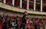Le député LFI Sébastien Delogu brandissant un drapeau palestinien, à l’Assemblée nationale, à Paris, le 28 mai 2024. (Crédit : Miguel Medina/AFP)