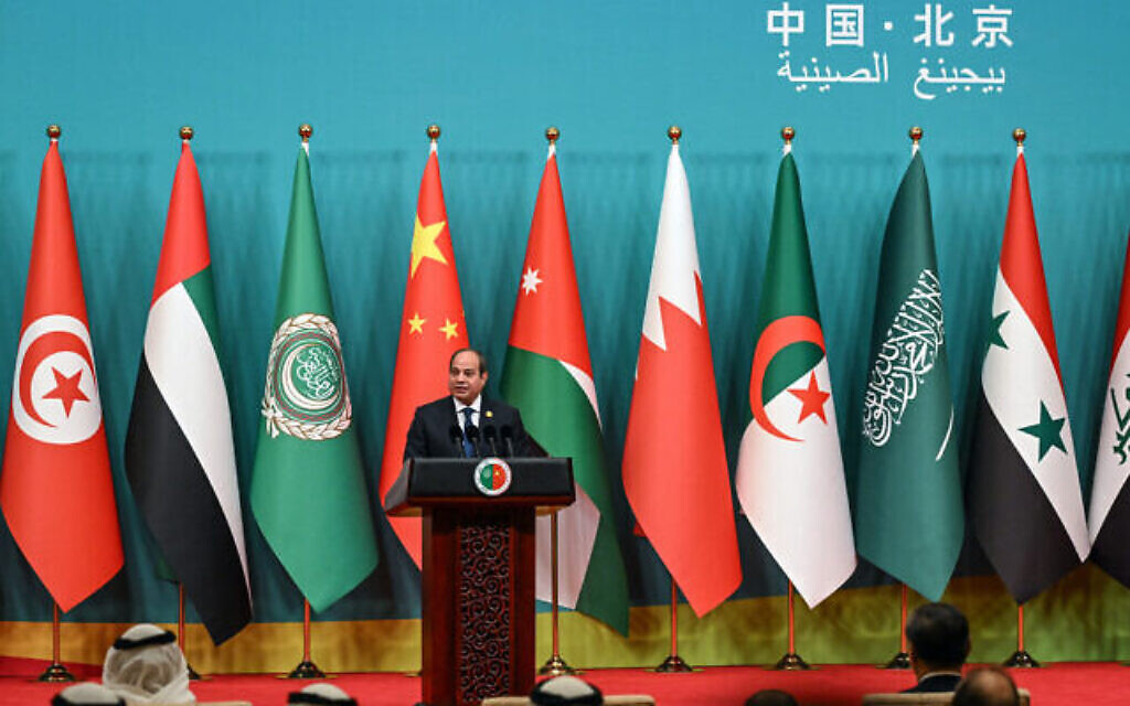 Le président égyptien Abdel Fattah al-Sissi prononce un discours lors de la cérémonie d'ouverture de la 10e réunion ministérielle du Forum de coopération sino-arabe à la maison d'hôtes d'État Diaoyutai à Pékin, le 30 mai 2024. (Crédit : Jade Gao/AFP)