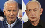 Montage : À gauche, le président américain Joe Biden, à Wallingford, en Pennsylvanie, le 8 mars 2024. À droite,  le Premier ministre Benjamin Netanyahu, à Tel Aviv, le 28 octobre 2023. (Crédit : AP Photo)
