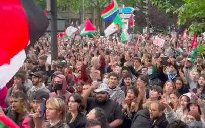 Manifestation anti-Israël devant TF1 avant une interview de Benjamin Netanyahu sur LCI, le 30 mai 2024 (Crédit : capture d'écran X)
