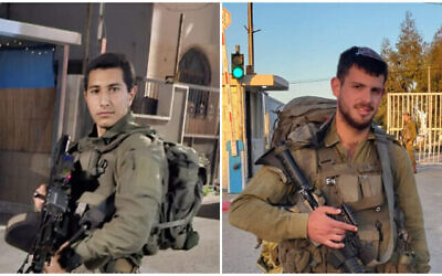 Montage photos (de gauche à droite) : Le sergent-chef Diego Shvisha Harsaj ; le sergent-chef Eliya Hilel, du bataillon Nahshon de la brigade Kfir, tués dans une attaque à la voiture-bélier près de la ville de Naplouse, en Cisjordanie, le 29 mai 2024. (Crédit : Armée israélienne)