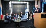 Le ministre des Affaires étrangères Israel Katz à un évènement de Yom HaAtsmaout à l'ambassade d'Israël en France, à Paris, le 21 mai 2024 (Crédit : ambassade d'Israël en France)