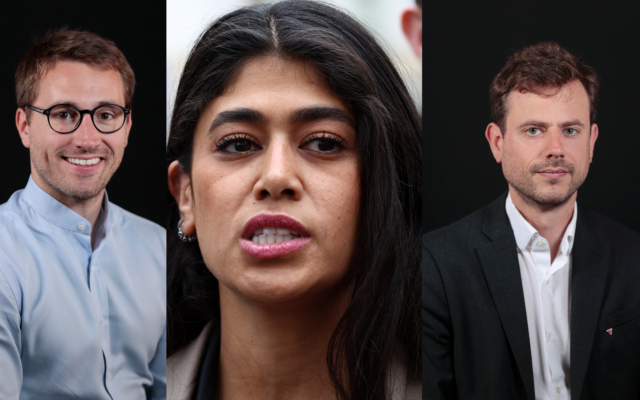 De droite à gauche : le député de La France Insoumise Antoine Léaument ; Rima Hassan, la très controversée militante et fondatrice de l'Observatoire des camps de réfugiés ; le député de La France Insoumise Paul Vannier. (Crédits : Emmanuel Dunand / Geoffroy VAN DER HASSELT / AFP) De droite à gauche : le député de La France Insoumise Antoine Léaument ; Rima Hassan, la très controversée militante et fondatrice de l'Observatoire des camps de réfugiés ; le député de La France Insoumise Paul Vannier. (Crédits : Emmanuel Dunand / Geoffroy VAN DER HASSELT / AFP)