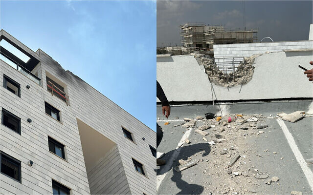 Un bâtiment de Sderot endommagé par une roquette tirée depuis Gaza le 15 mai 2024. (Municipalité de Sderot) Un bâtiment de Sderot endommagé par une roquette tirée depuis Gaza le 15 mai 2024. (Municipalité de Sderot)