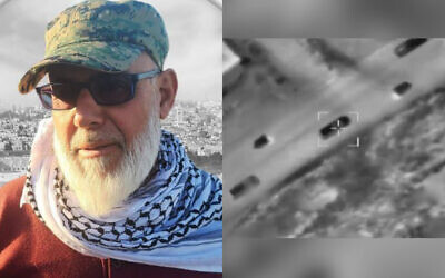 Capture d'écran (à droite) d'une séquence aérienne de l’armée israélienne d'une frappe aérienne dans l'est du Liban qui a ciblé Sharhabil Sayed, membre d'al-Jamaa al-Islamiyya, le 17 mai 2024 ; Sharhabil Sayed (à gauche) sur une affiche officielle du Hamas. (Crédit : Armée israélienne)/Hamas)