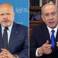 Karim Khan, procureur général de la Cour pénale internationale (à gauche), annonçant qu'il demande aux juges de la CPI de délivrer des mandats d'arrêt contre le Premier ministre Benjamin Netanyahu et le ministre de la Défense Yoav Gallant, ainsi que contre les dirigeants du Hamas Yahya Sinwar, Mohammed Deïf et Ismaïl Haniyeh ; le Premier ministre Benjamin Netanyahu prononçant une allocution vidéo, le 20 mai 2024. (Crédit : CPI ; Capture d'écran/GPO)