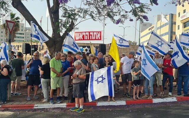 Des manifestants demandant la démission du gouvernement et un accord immédiat pour libérer les otages détenus dans la bande de Gaza, à Rehovot, le 18 mai 2024. (Crédit : Mouvement de protestation pour la démocratie/Meïr Conforti) Des manifestants demandant la démission du gouvernement et un accord immédiat pour libérer les otages détenus dans la bande de Gaza, à Rehovot, le 18 mai 2024. (Crédit : Mouvement de protestation pour la démocratie/Meïr Conforti)