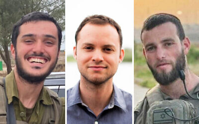 De gauche à droite : Le sergent-chef Eliyahu Haïm Emsallem, le sergent-chef (Rés.) Gideon Chay DeRowe et le capitaine Israel Yudkin. (Crédit : Autorisation)