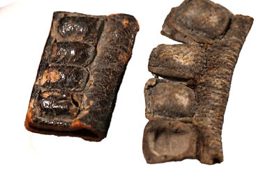 Tefillin datant d'environ 2 000 ans, dans les laboratoires de l'Autorité israélienne des Antiquités. (Crédit : Emil Aladjem/IAA)