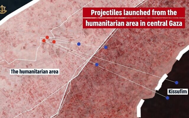 Un graphique de l’armée israélienne montrant l'emplacement des tirs de roquettes et des impacts depuis la bande de Gaza le 14 juin 2024. (Crédit : Armée israélienne)