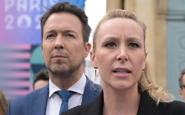 Marion Maréchal et Guillaume Peltier du parti Reconquête, devant l'Assemblée nationale, à Paris, le 12 juin 2024. (Crédit : Bertrand GUAY / AFP) Marion Maréchal et Guillaume Peltier du parti Reconquête, devant l'Assemblée nationale, à Paris, le 12 juin 2024. (Crédit : Bertrand GUAY / AFP)