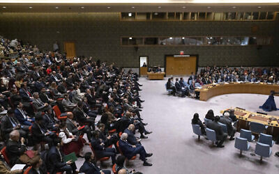 Vue d'ensemble d'une réunion du Conseil de sécurité au siège des Nations Unies, le 18 avril 2024. (Crédit : Yuki Iwamura/AP)