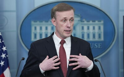 Le conseiller à la sécurité nationale de la Maison Blanche, Jake Sullivan, s'exprimant lors de la séance d'information quotidienne, à la Maison Blanche, à Washington, le 22 mai 2024. (Crédit : Susan Walsh/AP)