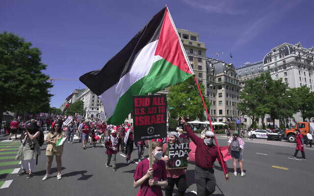 Des manifestants anti-israéliens aux abords de la Maison Blanche à Washington, le 8 juin 2024. (Crédit : AP Photo/Manuel Balce Ceneta) Des manifestants anti-israéliens aux abords de la Maison Blanche à Washington, le 8 juin 2024. (Crédit : AP Photo/Manuel Balce Ceneta)
