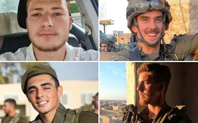 Le sergent d'état-major Eitan Karlsbrun (en haut à gauche), le major Tal Pshebilski Shaulov (en haut à droite), le sergent Yair Levin (en bas à droite) et le sergent Almog Shalom (en bas à gauche), ont été tués au combat à Rafah le 10 juin 2024. (Crédit : armée israélienne) Le sergent d'état-major Eitan Karlsbrun (en haut à gauche), le major Tal Pshebilski Shaulov (en haut à droite), le sergent Yair Levin (en bas à droite) et le sergent Almog Shalom (en bas à gauche), ont été tués au combat à Rafah le 10 juin 2024. (Crédit : armée israélienne)