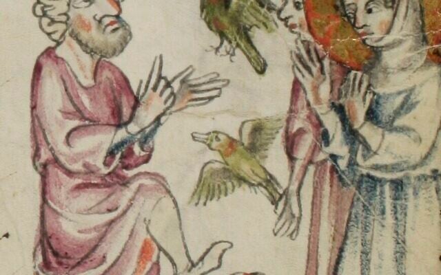 Photo illustrative de Jésus ressuscitant des oiseaux d'argile. Extrait du Klosterneuburger Evangelienwerk, traduction allemande du XIVe siècle d'écrits apocryphes, dont l'Évangile de l'enfance de Thomas. (Domaine public)