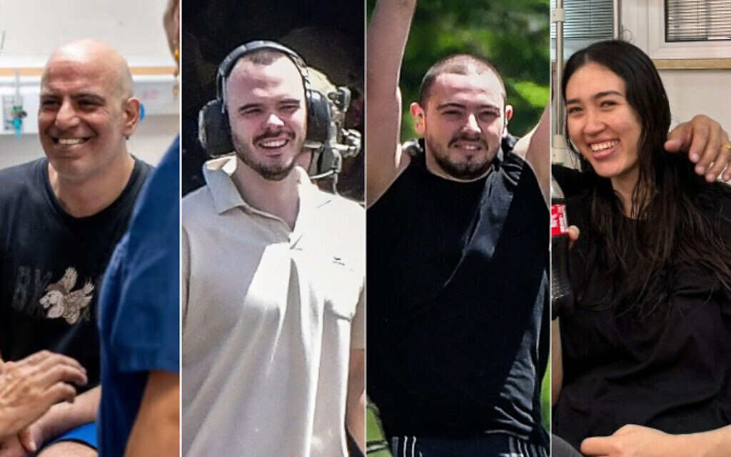 Les otages israéliens secourus des geôles du Hamas par l'armée israélienne, le 8 juin 2024. De gauche à droite : Shlomi Ziv, Andrey Kozlov, Almog Meir Jan, et Noa Argamani. (Crédit : Armée israélienne/Avshalom Sassoni/Flash90/Autorisation) Les otages israéliens secourus des geôles du Hamas par l'armée israélienne, le 8 juin 2024. De gauche à droite : Shlomi Ziv, Andrey Kozlov, Almog Meir Jan, et Noa Argamani. (Crédit : Armée israélienne/Avshalom Sassoni/Flash90/Autorisation)